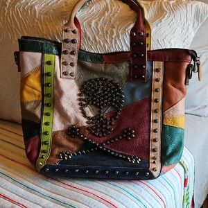 AmeriLeather Studded Multicolor Patchwork Tote Purse
